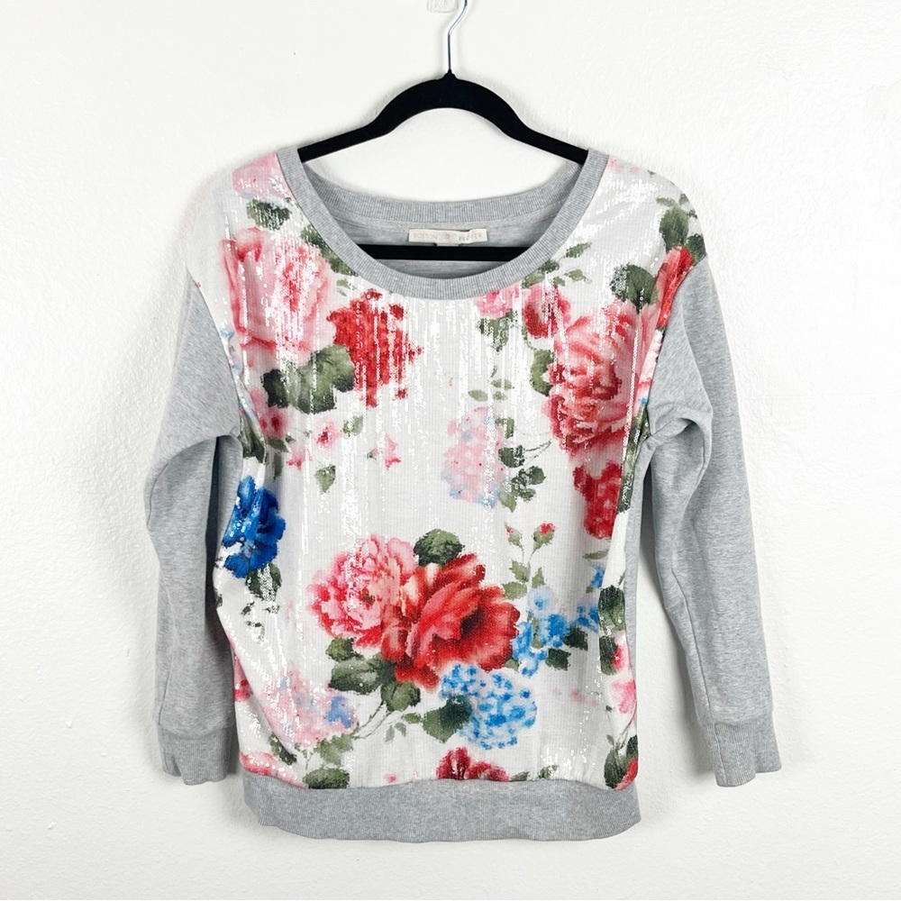 BOSTON PROPER Gray Floral Sequin Long Sleeves Top XS Cottagecore Boho Casual